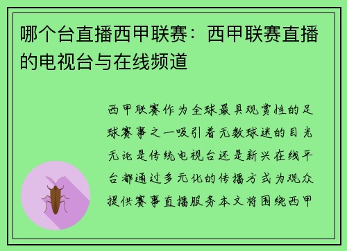 哪个台直播西甲联赛：西甲联赛直播的电视台与在线频道